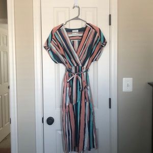 peach cream and teal dress